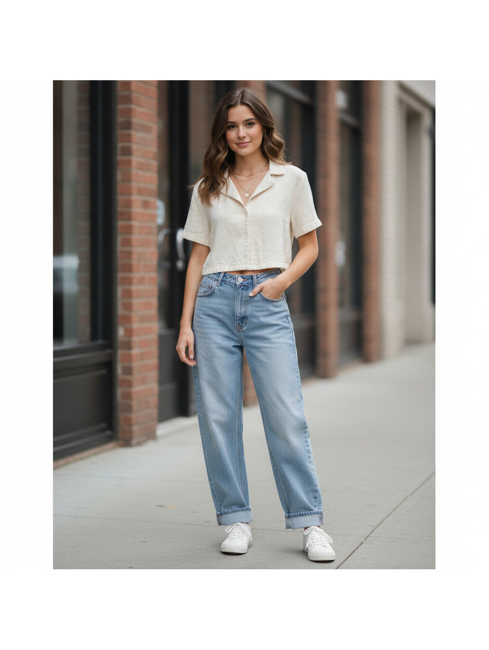 Brandy Melville Cream Cropped Button-Up Shirt